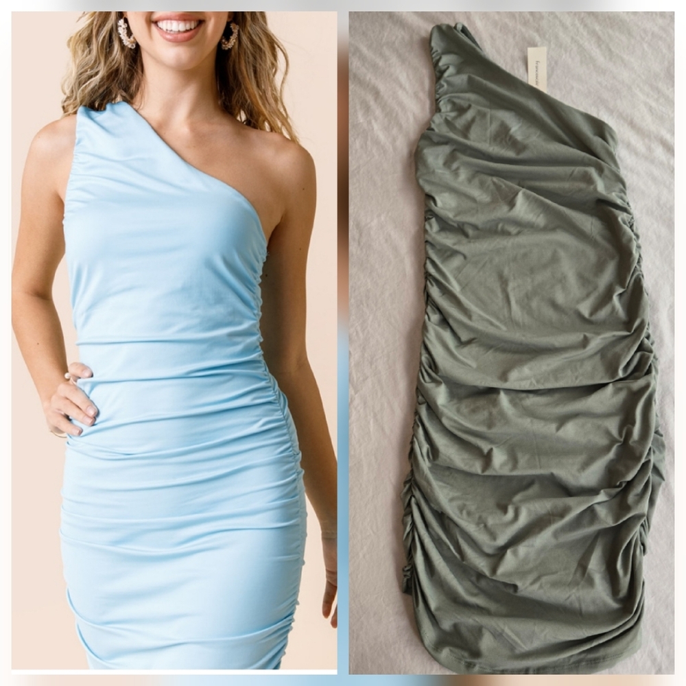Francesca's Sage Green Sloan One Shoulder 90s Bodycon Ruched Dress sz M
